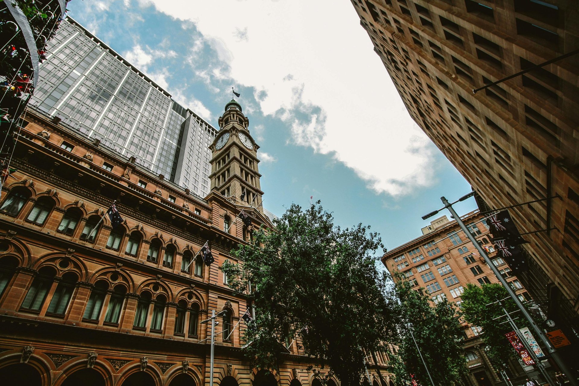 Sandstone buildings and the GPO clock tower in Martin Place, Sydney CBD